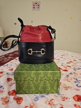 Gucci Red and Black Leather Mini Bucket Crossbody with Gold Horsebit